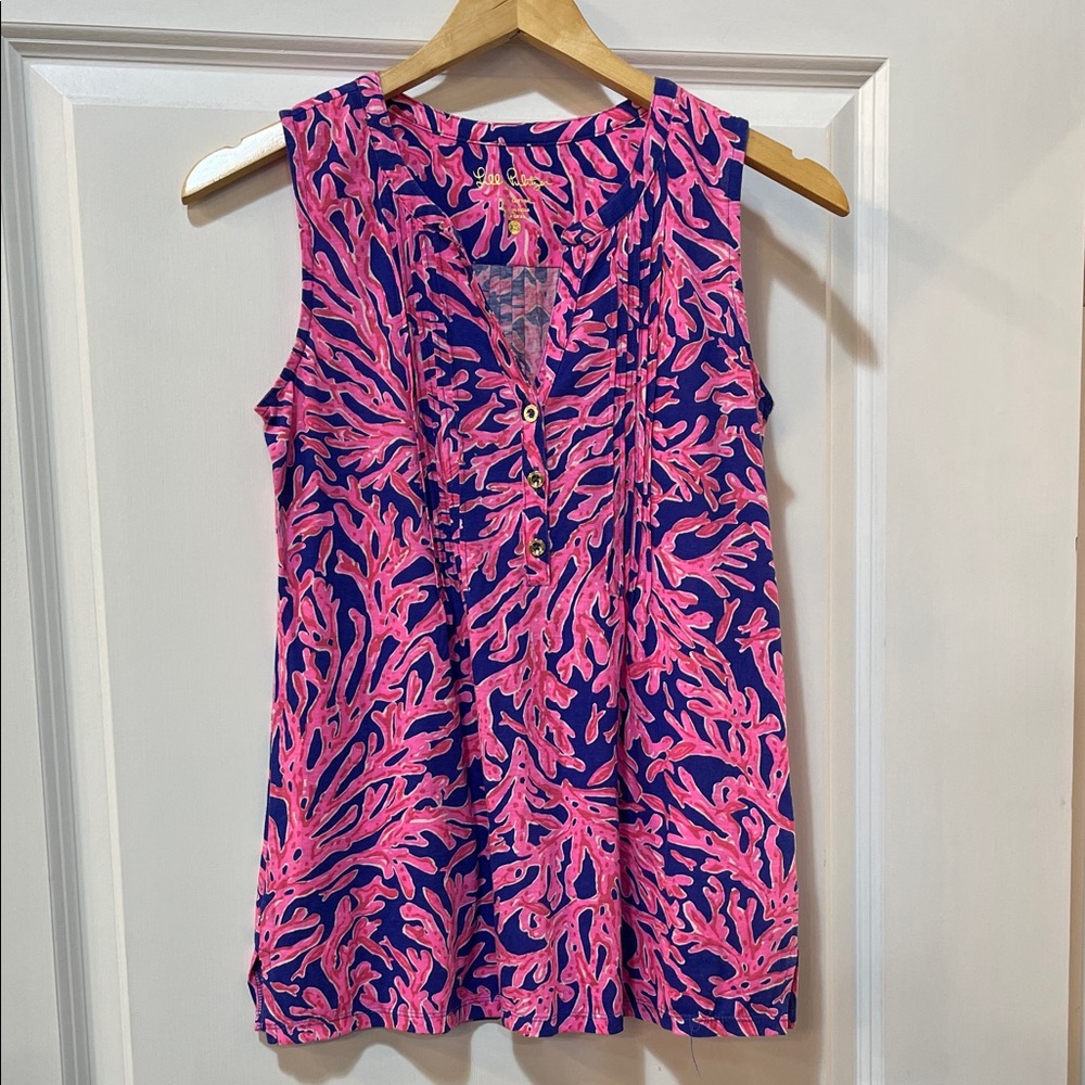 Lilly Pulitzer Coral Print Sleeveless Blouse XS pink blue